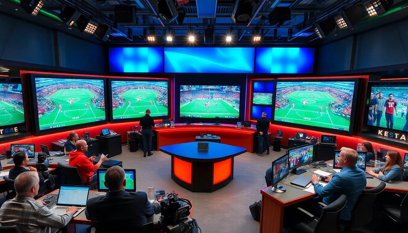 Dynamic sports broadcasting studio showcasing hosts and live games, emphasizing the excitement of Sports Broadcasting.