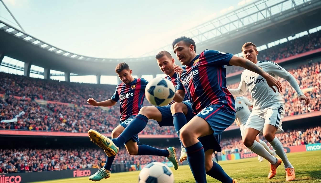 Thrilling action from the Giải Bóng đá Vô địch Quốc gia Tây Ban Nha featuring FC Barcelona and Real Madrid in a riveting match.