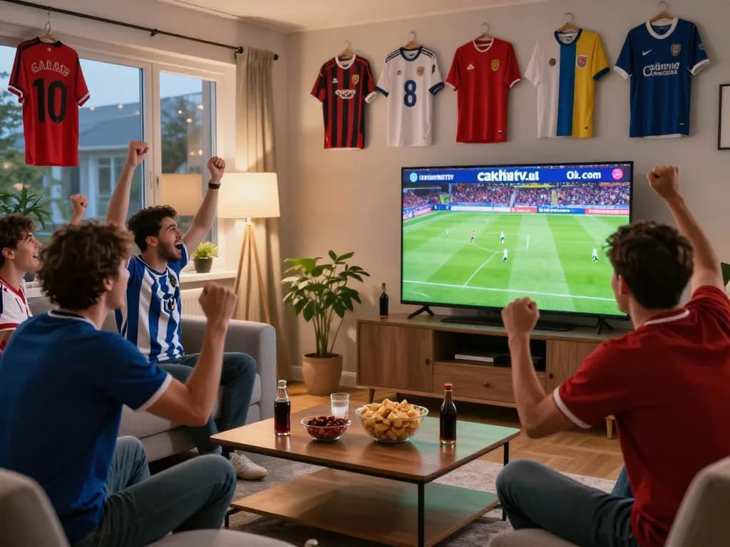 Soccer fans enjoying a live match on cakhiatv.uk.com in a lively home setting.