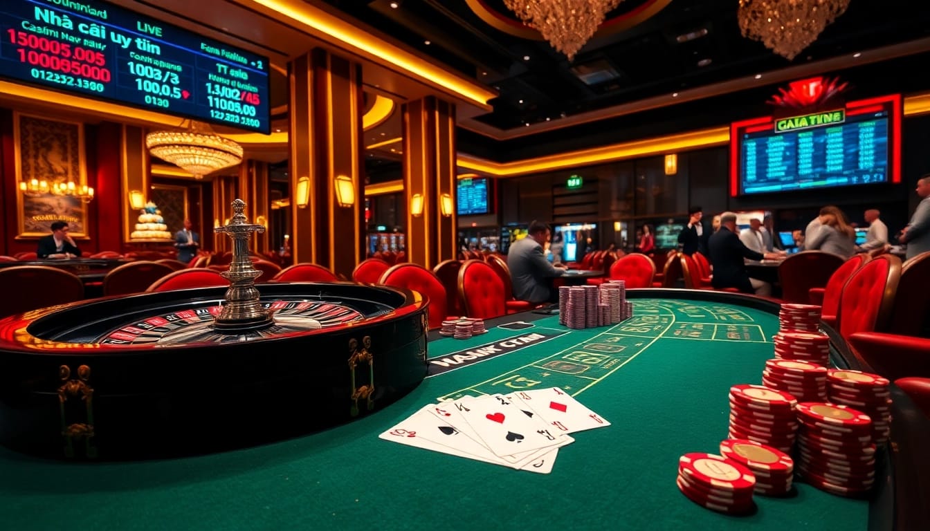 Exciting casino scene portraying Nhà cái uy tin with players engaging at roulette and card tables.
