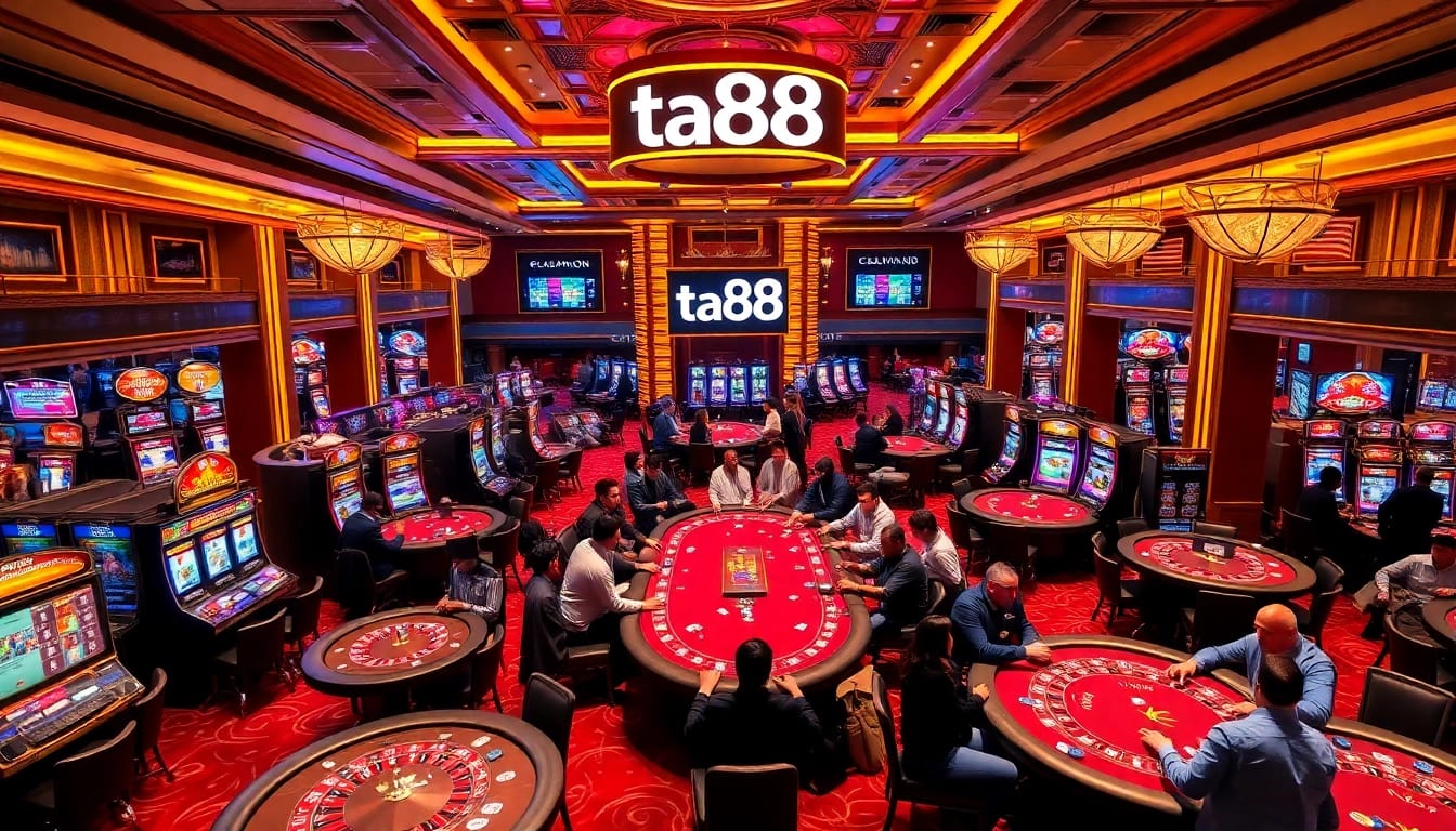 Players enjoying thrilling games at ta88 club casino, celebrating their wins and engaging with vibrant slot machines.