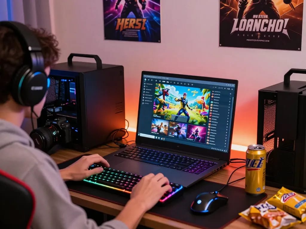 Engaging gaming setup at https://hitclub10.org/ with laptop showcasing vibrant game graphics and cozy atmosphere.