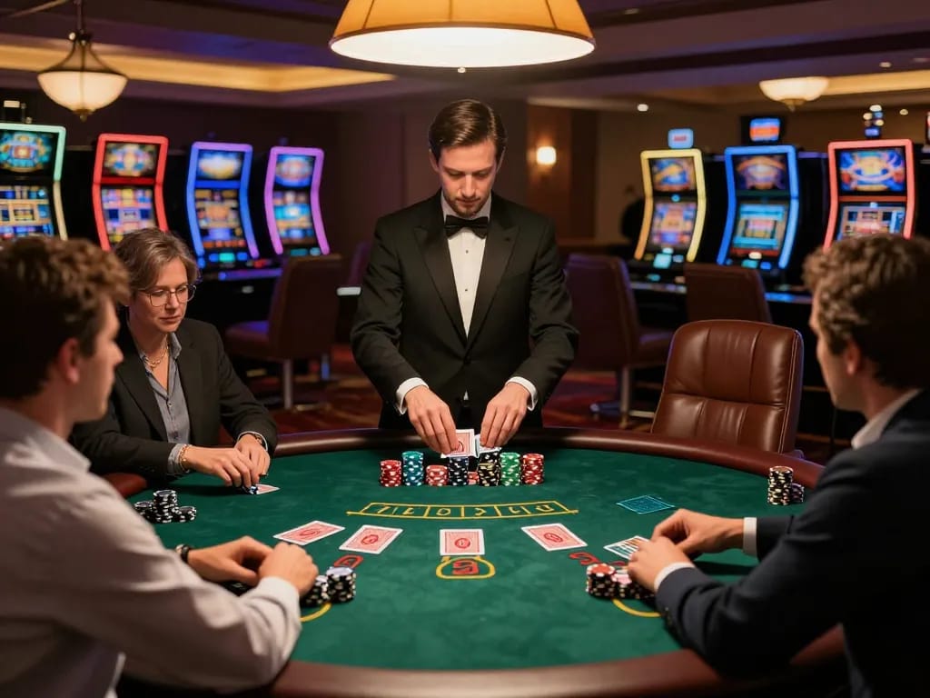 Players competing at a high-stakes blackjack table at 98win. com casino, immersed in strategic gameplay.