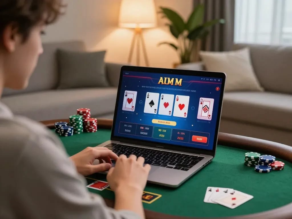 Person playing poker on laptop at home with vin888 interface visible.
