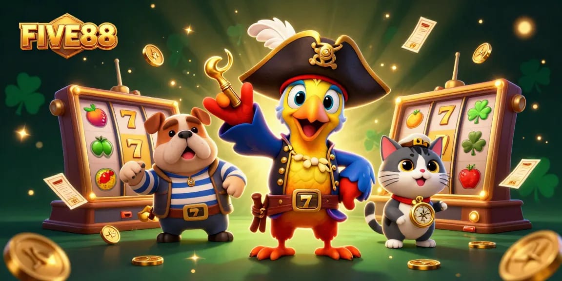 Experience the excitement of FIVE88 with a lively 3D casino scene featuring playful characters interacting amidst vibrant slot machines and golden coins.