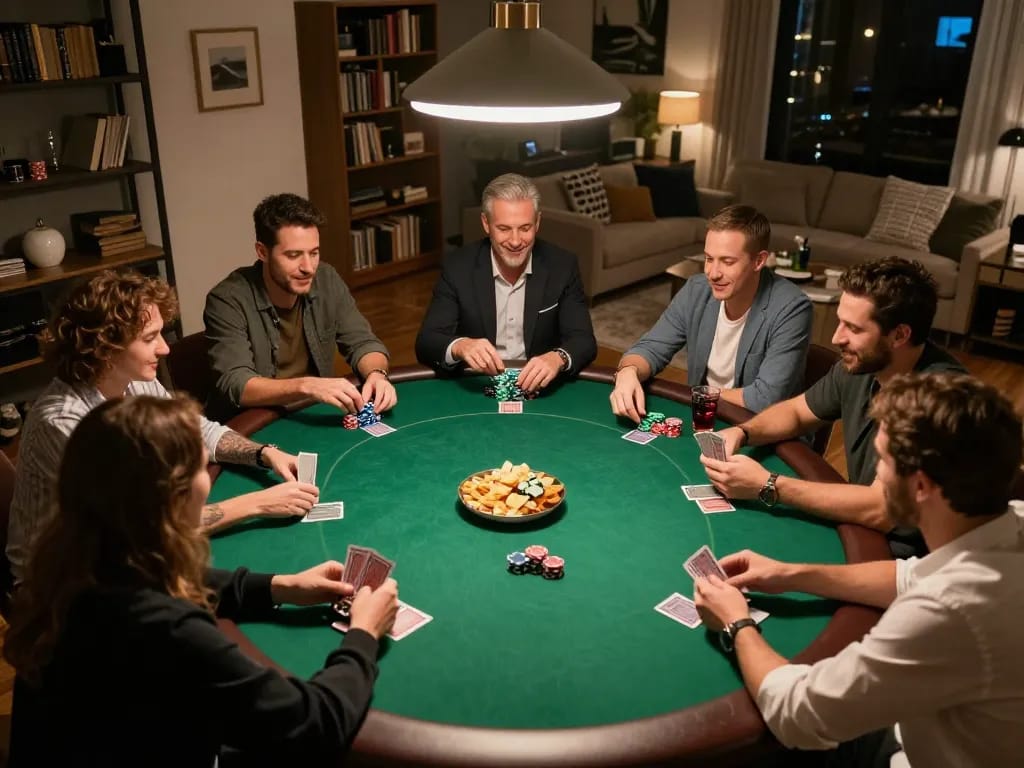 MIG8 players engaged in a lively home poker night, showcasing strategic gameplay and friendly competition.