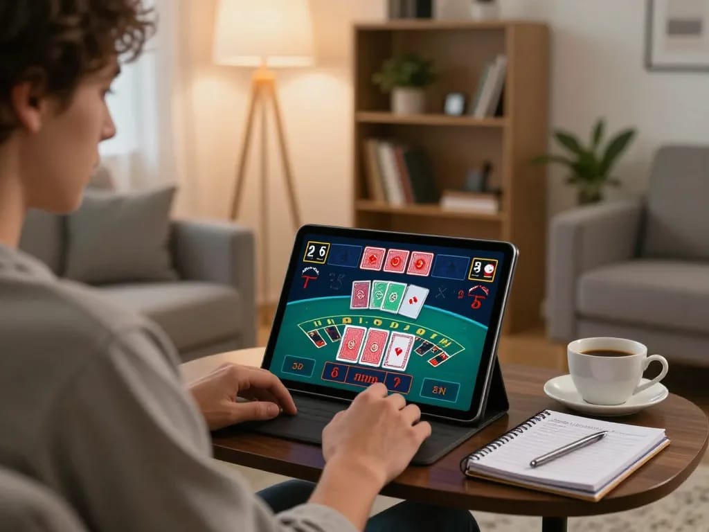 Engaging online gaming experience at https://hd88.london/ showcasing a live baccarat game with cozy home setting and strategy notes.
