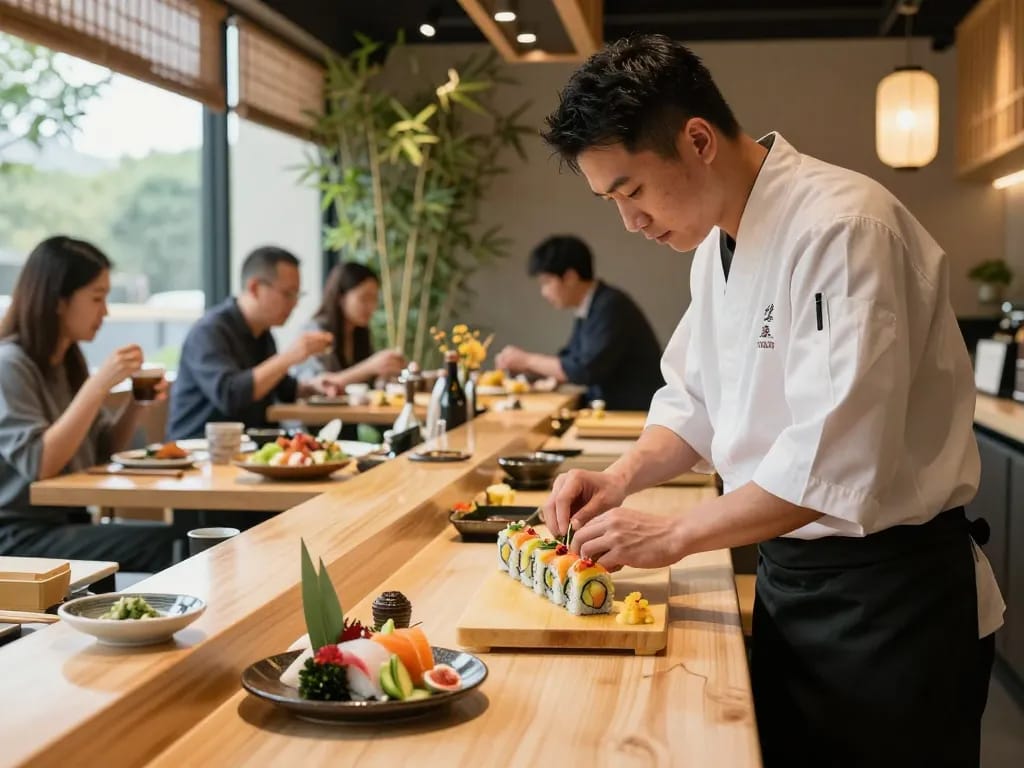 Chef preparing RED88 sushi rolls at a vibrant Asian fusion restaurant showcasing fresh ingredients and inviting atmosphere.