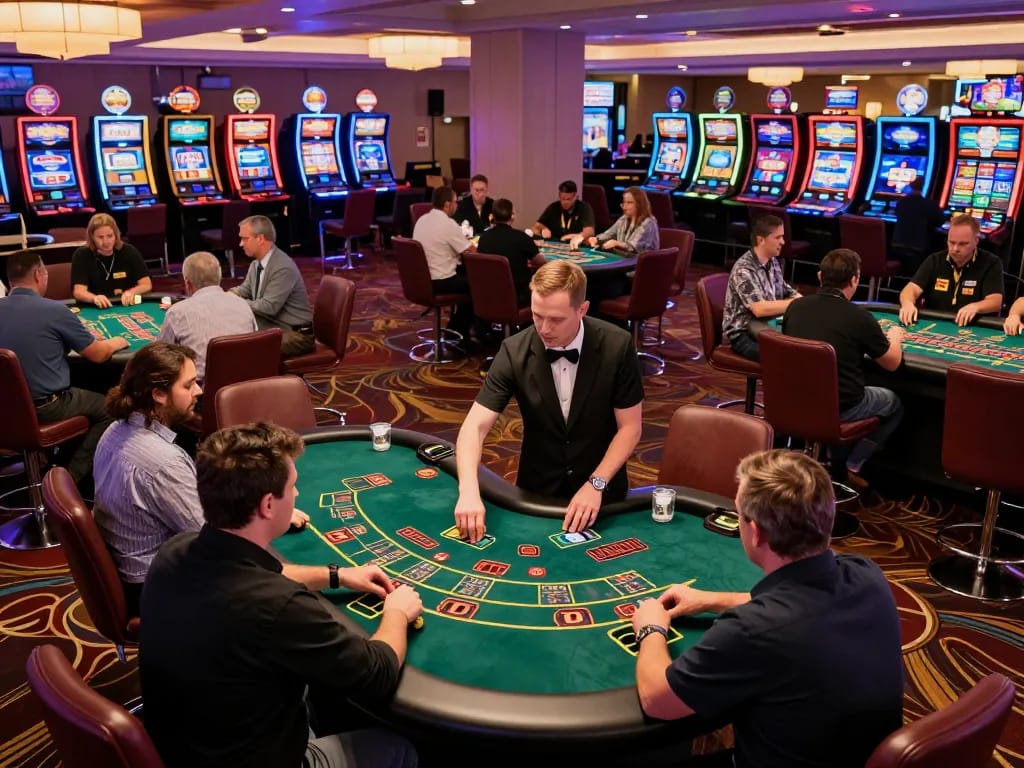 Players engage in strategic bets at a 9bet blackjack table in a lively casino atmosphere.