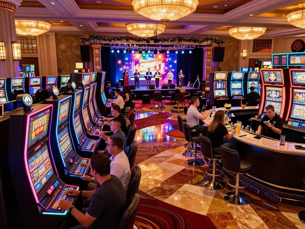 Winning moment at the casino, showcasing excitement with players celebrating, visiting https://vk88.vc/ for top gaming action.