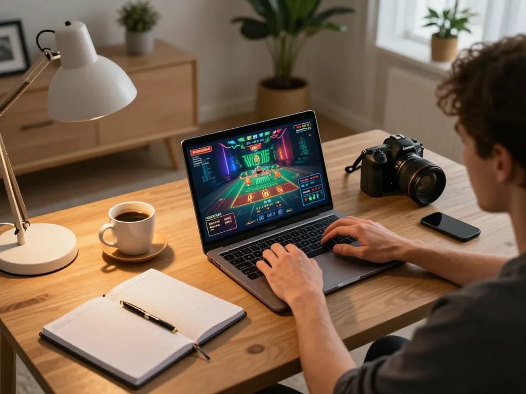 Engaged player using https://cm888.mobi/ on laptop at home, showcasing online gaming excitement and strategic play.