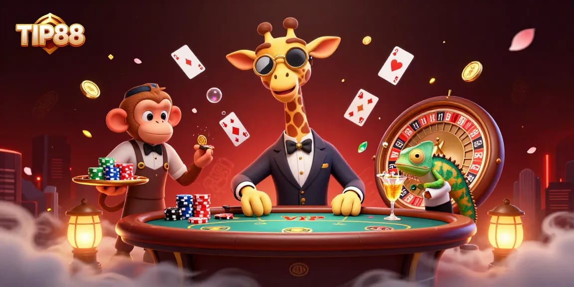 Experience the thrill of TIP88 with vibrant casino characters at a lively poker table.