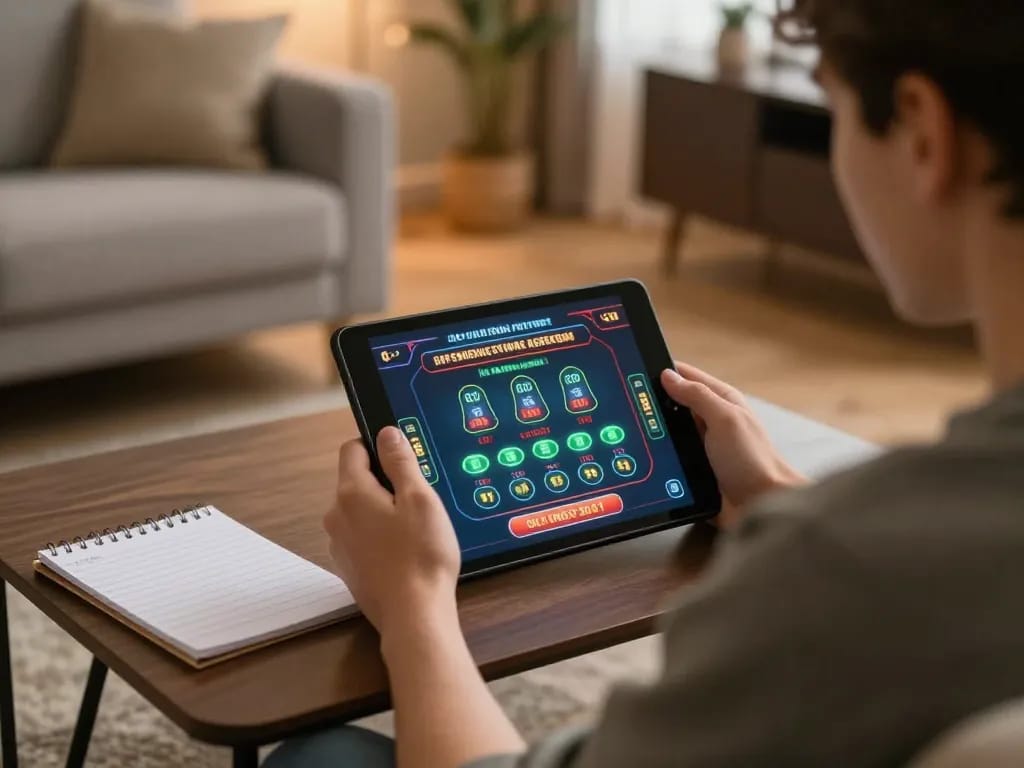 Enjoying online casino gaming at https://vb88.llc/ with a live dealer on tablet, cozy home setting