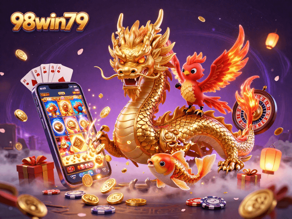 Engage with 98win79 featuring a golden dragon and colorful slot games in a vibrant casino atmosphere.