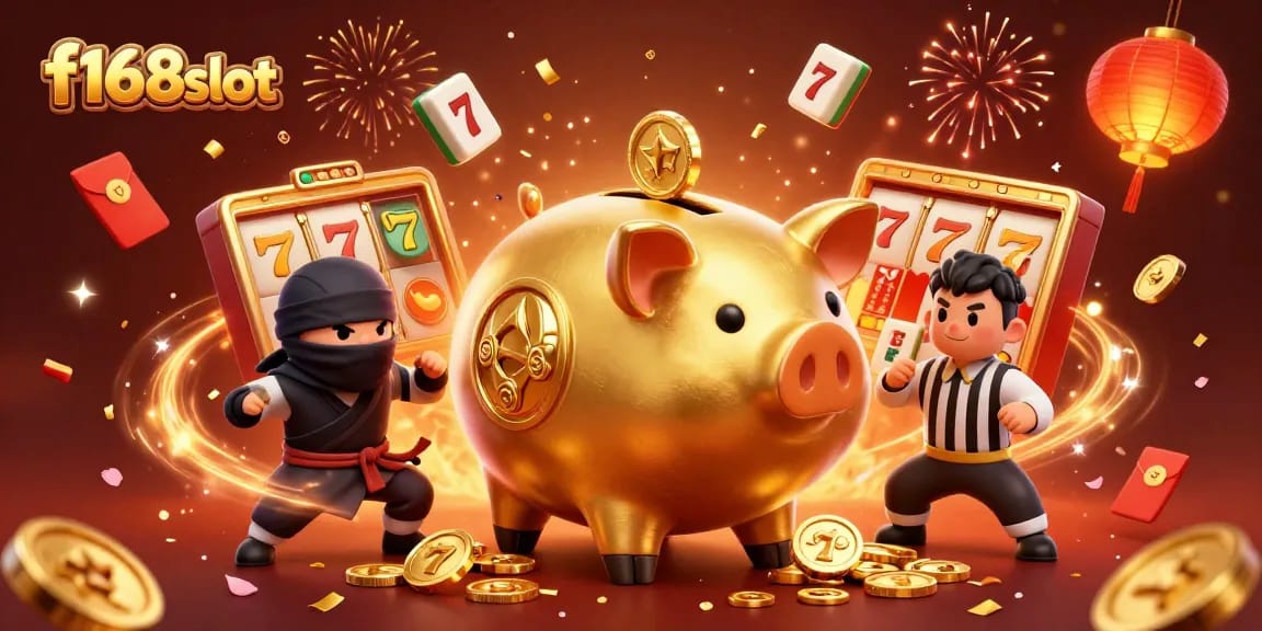 Experience excitement with f168slot's animated characters in a vibrant 3D casino scene.