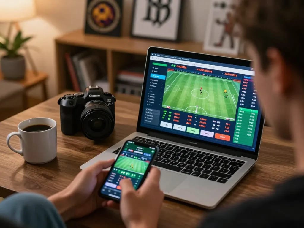 Engaging in live sports betting on TR88 app, showcasing excitement and strategy in a cozy home setting.