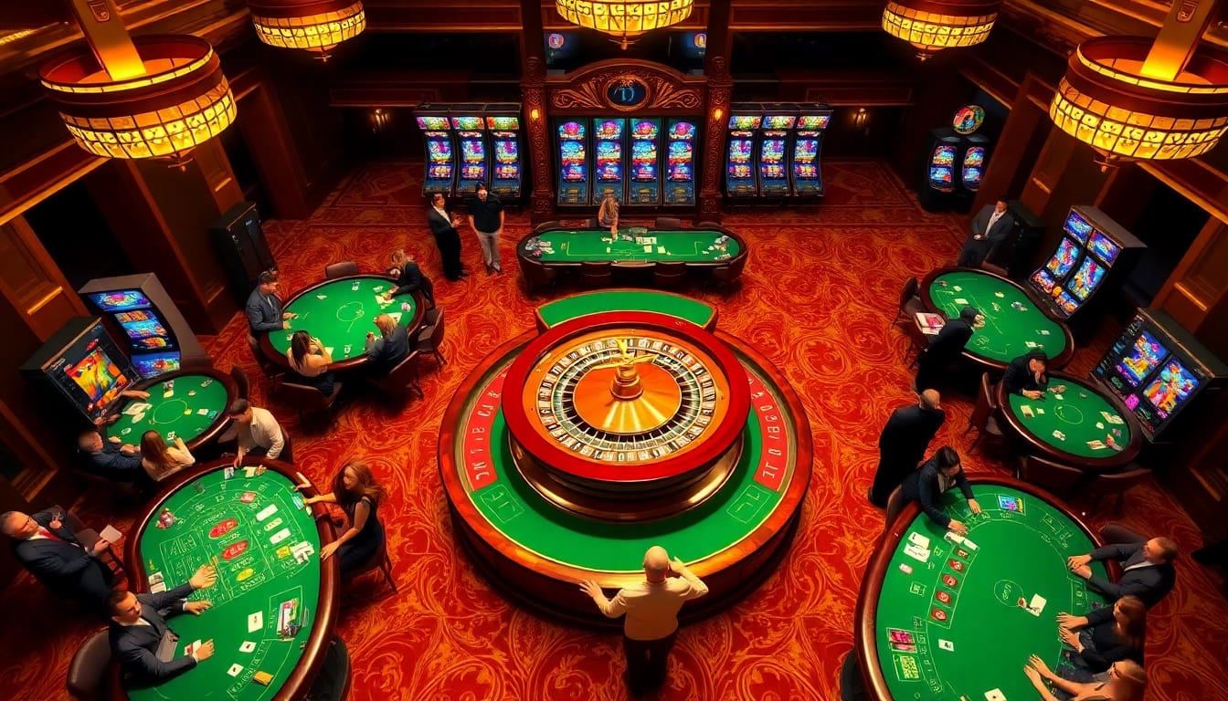 A vibrant casino scene showcasing the excitement of gambling at 789club with players engaged at tables and slot machines.
