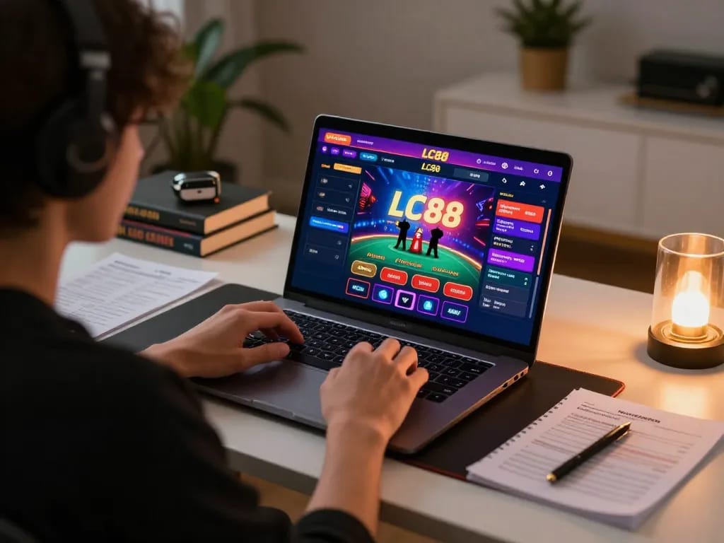 Engaging in online casino action with LC88 interface displayed, showcasing a responsible gaming atmosphere.