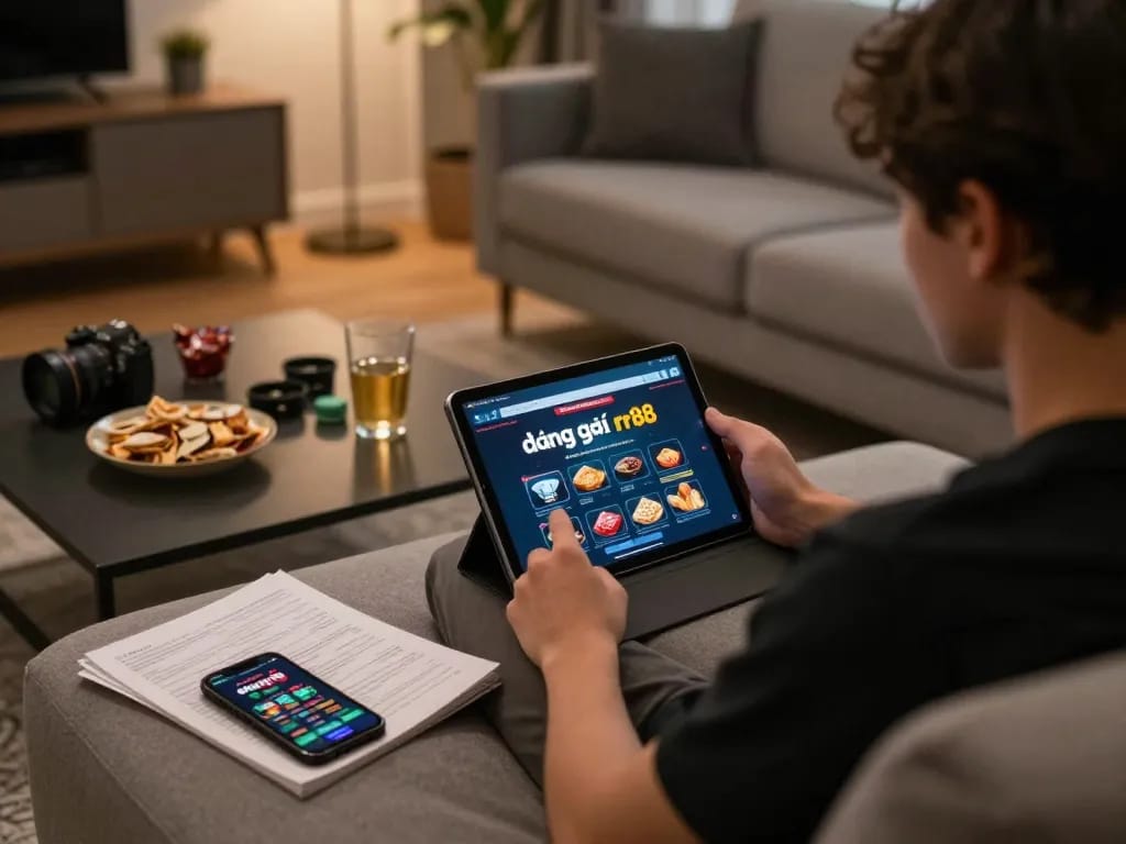 Engaging in đăng ký rr88 on a tablet at home, showcasing a cozy gaming environment with snacks and strategy notes