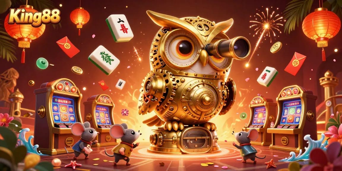 Experience King88's vibrant casino atmosphere with a golden owl, bustling mice, and lively game elements.