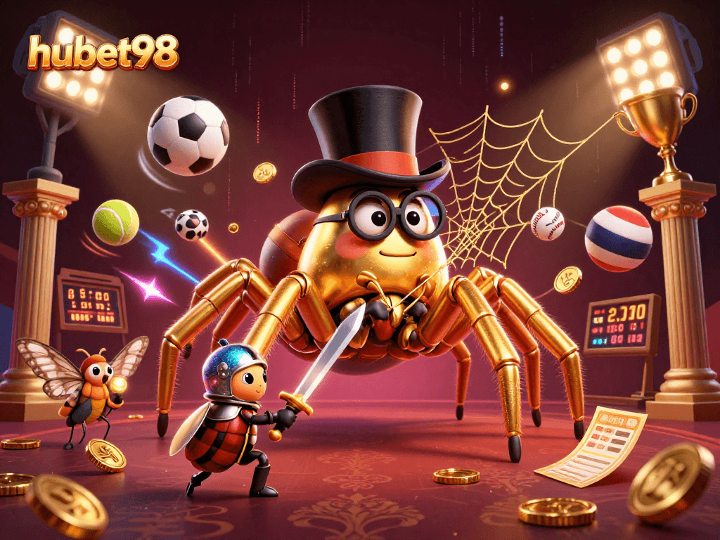 Experience the excitement of hubet98 with golden threads and dynamic sports elements in this vibrant casino illustration.
