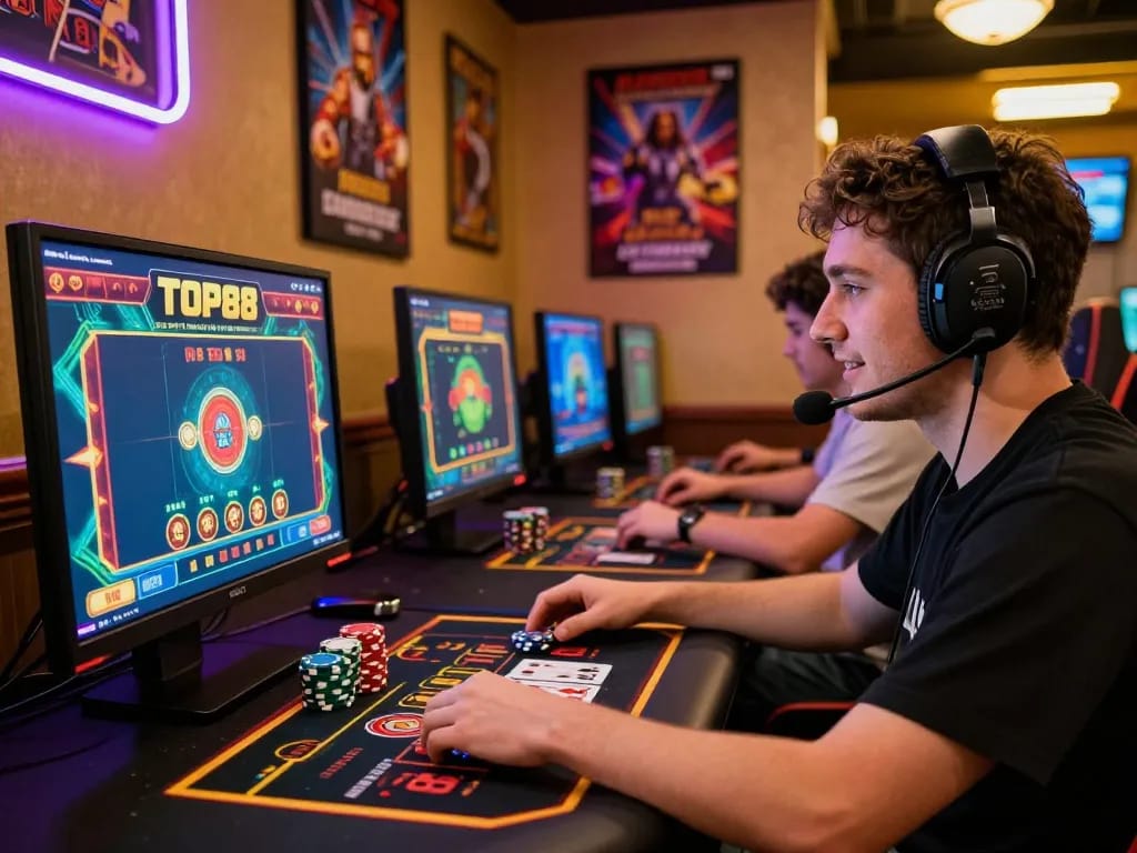 Engaging player immersed in the TOP88 online casino experience with vibrant screens and gaming setup.