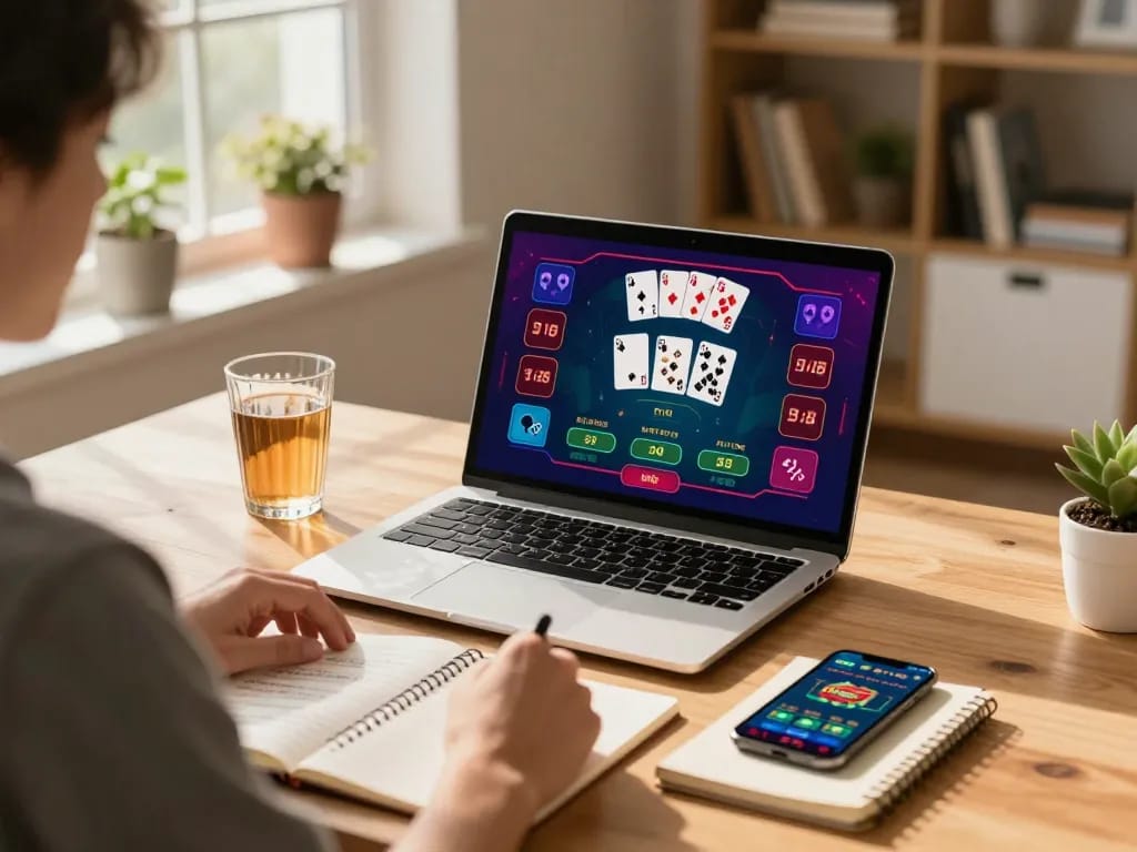 Engaging online poker game on laptop at https://13win-asia.com/ with strategic notes and cozy home setup.