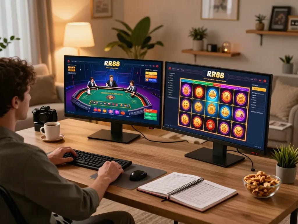 Engaged player exploring the Trang game RR88 on dual screens, showcasing vibrant slot games and live dealer action.