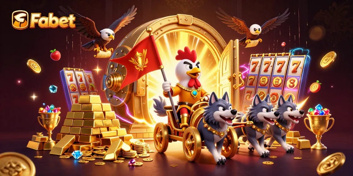 Fabet showcases a thrilling cartoon scene with a rooster warlord and golden treasures in action.