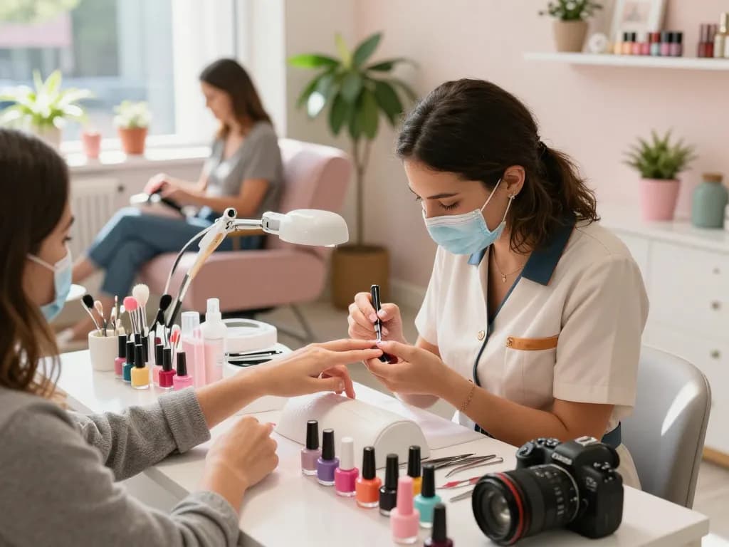 Nails being expertly manicured in a vibrant and hygienic salon, showcasing colorful nail art tools.
