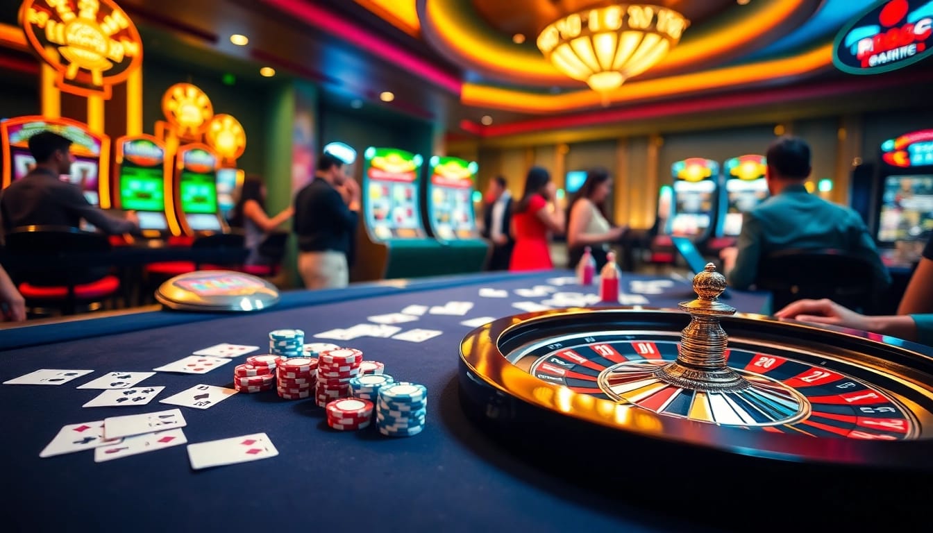 RR88 players engaging at a vibrant casino table with poker chips and cards.