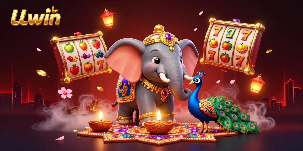 LLwin offers captivating jackpots and slot games, featuring an elephant and peacock in a vibrant 3D casino scene.