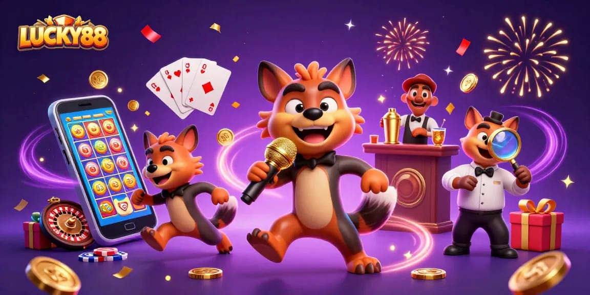 LUCKY88 hyenas bringing excitement in a vibrant casino scene with slot games and celebrations.