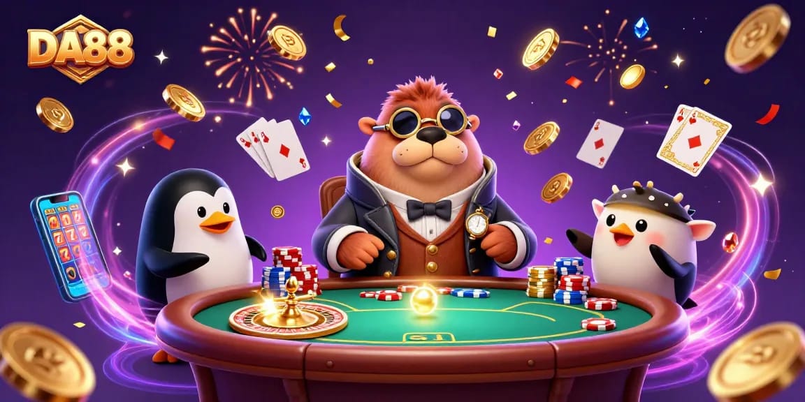 Experience the excitement of DA88 with vibrant underwater poker action featuring a walrus, penguin dealer, and a bluffing pufferfish.