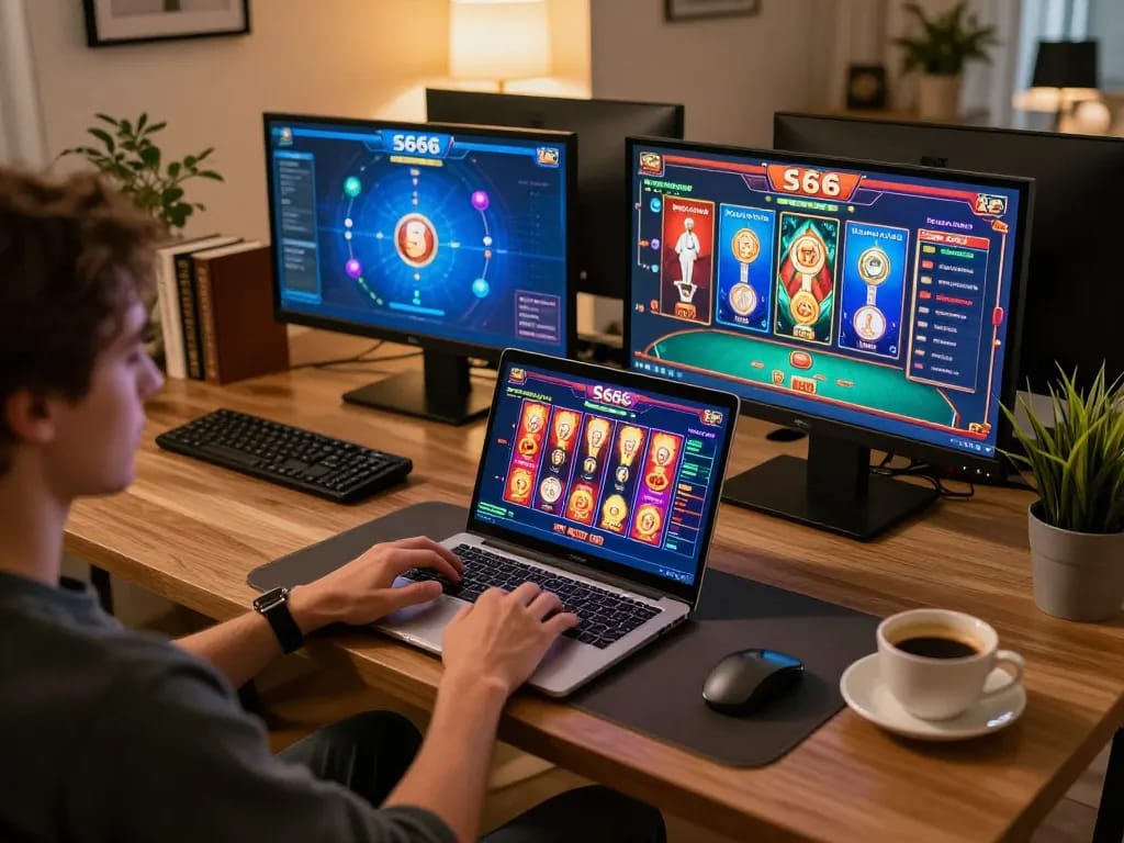 Person playing S666 online casino poker on a laptop in a cozy home office setting