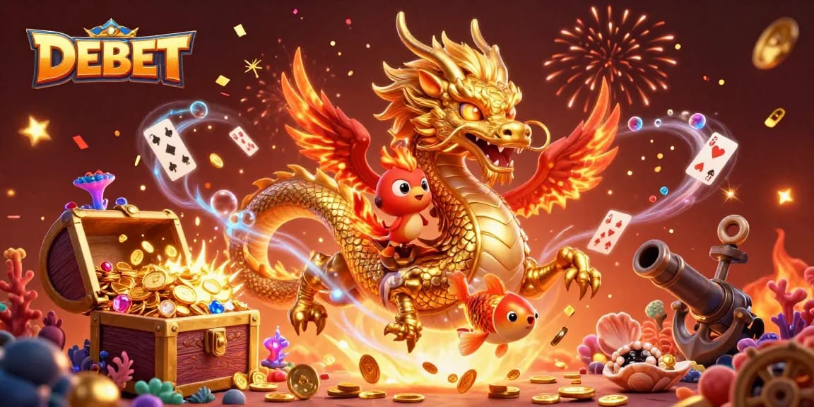 Experience thrilling gaming with DEBET as a golden dragon and phoenix soar through a vibrant casino scene.