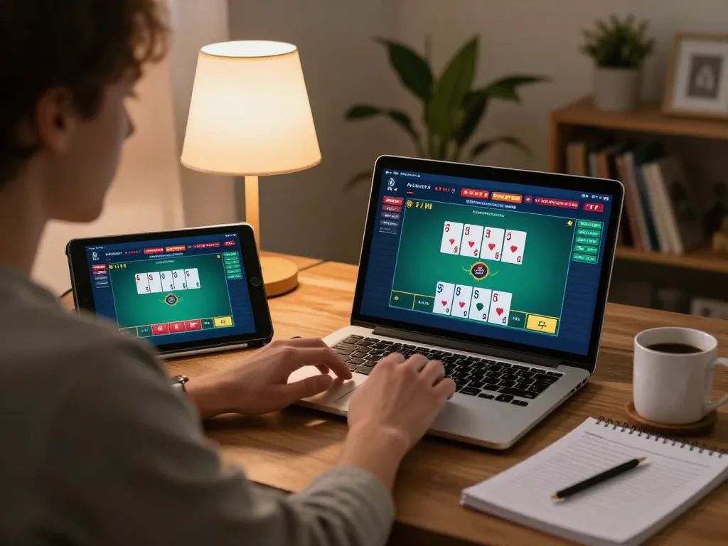 Engaging in gameplay on ga888n in a cozy home with a laptop and poker setup.