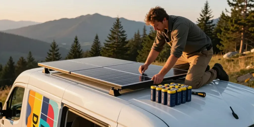 Van conversion expert working on solar panel installation for rokok88 campervan