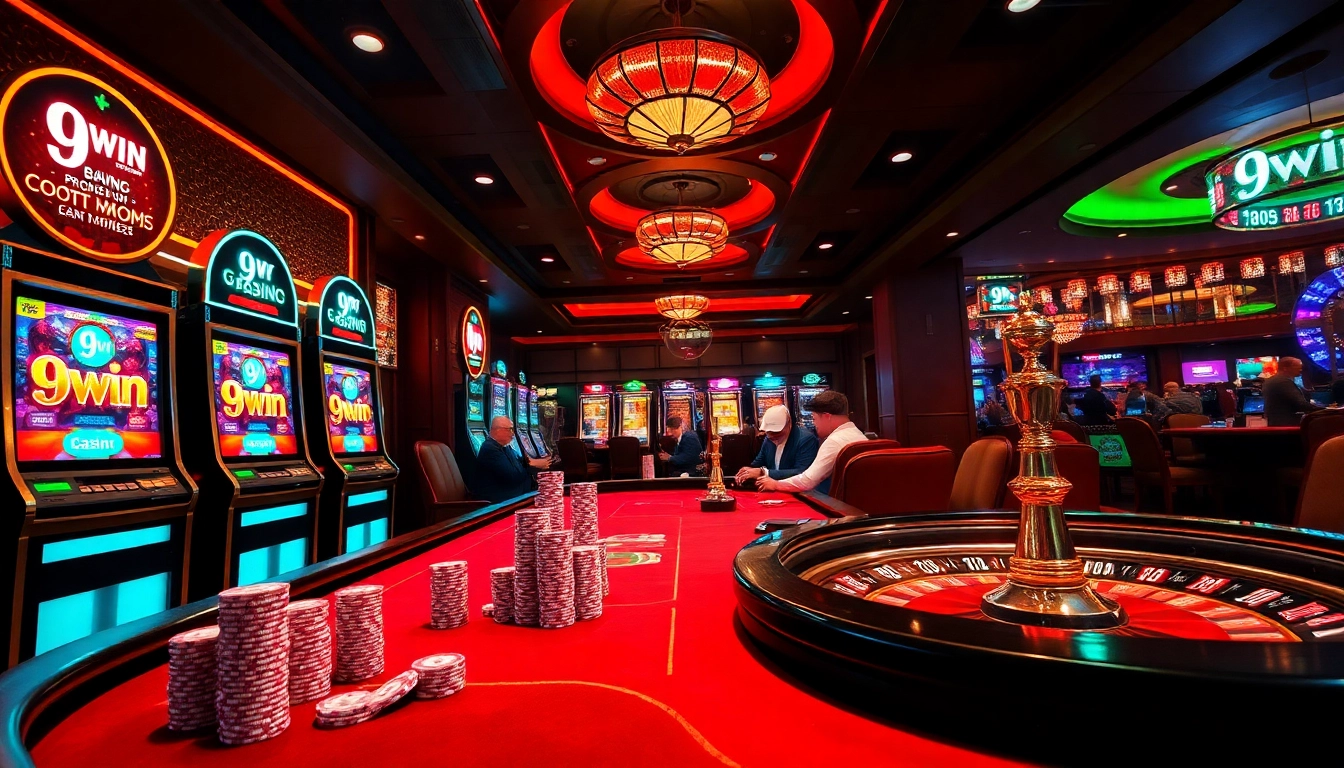 9WIN casino scene showcasing a thrilling poker table with players and slot machines, capturing exciting gameplay moments.