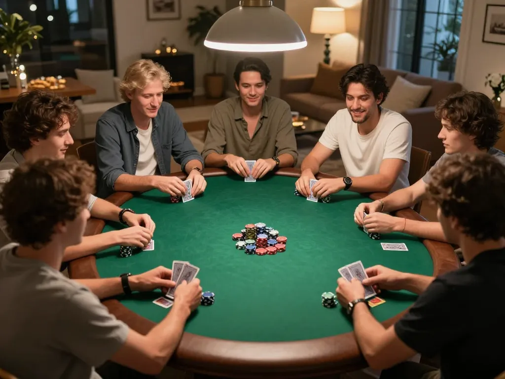 Players engaging in a lively poker game at home, highlighting cm88casino's strategic gameplay among friends.