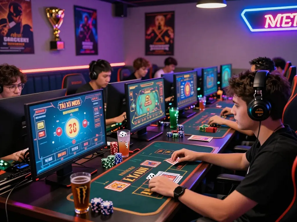 Tài xỉu md5 gaming scene with players immersed in a vibrant online gaming environment, showcasing energy drinks and gaming paraphernalia.