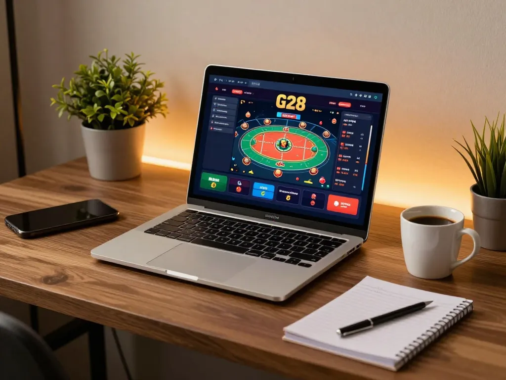 G28 online gaming setup with a laptop showcasing casino gameplay while maintaining a cozy atmosphere.