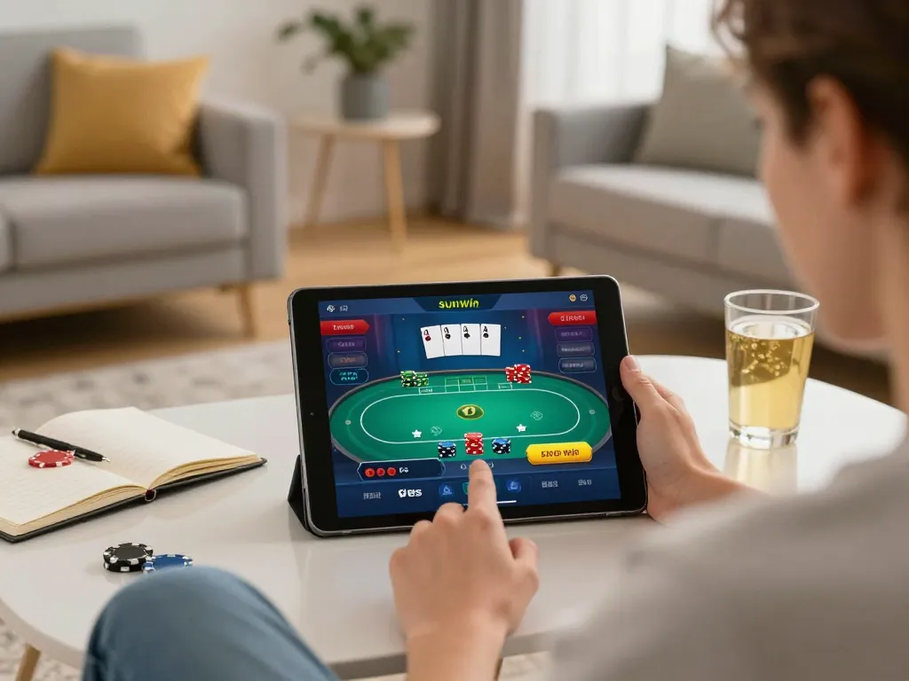 Engaged player enjoying sunwin poker game on tablet in stylish home setup.