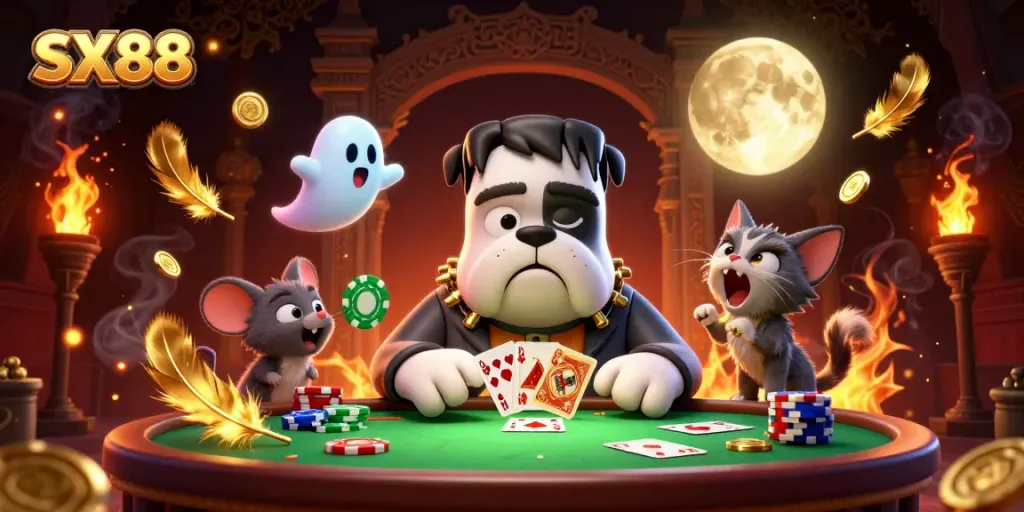 Experience thrilling gameplay with SX88 as a Frankenstein bulldog deals cards at a spooky casino table.
