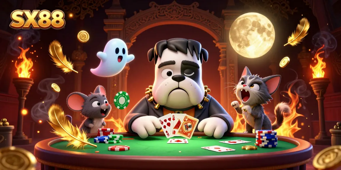 Experience thrilling gameplay with SX88 as a Frankenstein bulldog deals cards at a spooky casino table.