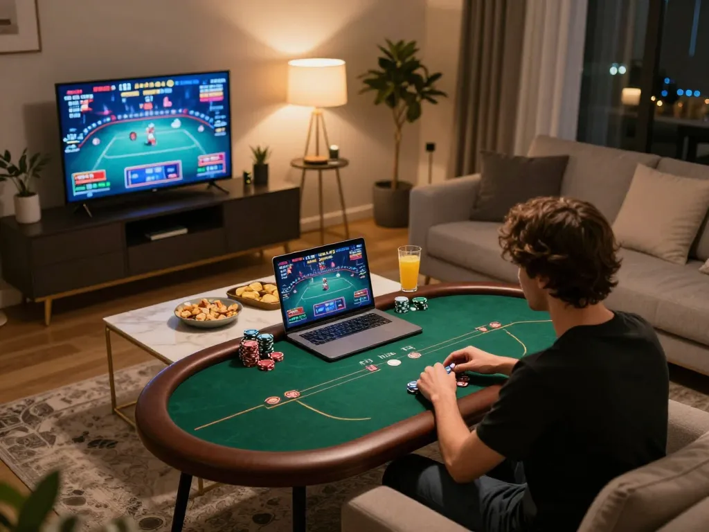 VIN88 player enjoying an exciting online poker game in a cozy living room environment
