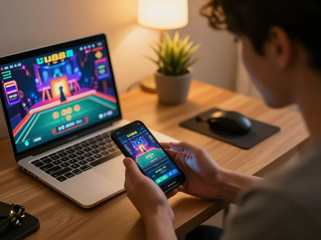 Player engaged with vu88 casino app on smartphone, surrounded by modern gaming setup.