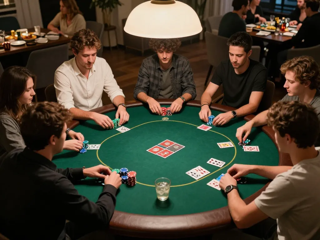 Players engaging in a strategic poker game at home, showcasing kkwin-style gameplay in a cozy atmosphere.