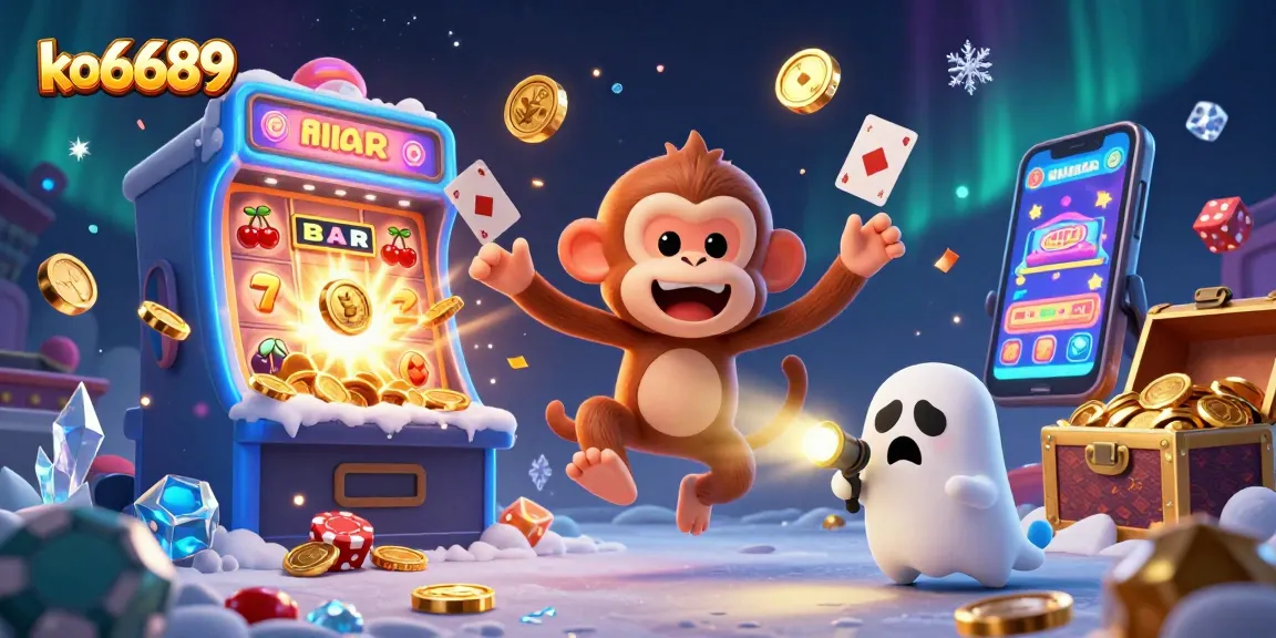 Experience the thrilling action at ko6689, where a playful ghost-monkey juggles casino treasures in a haunted atmosphere.