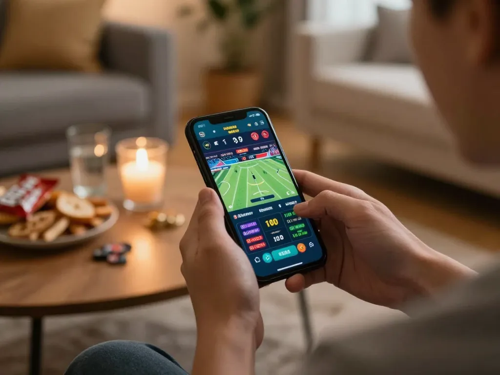 Enjoying link xx88 sports betting on a smartphone while savoring snacks at home.